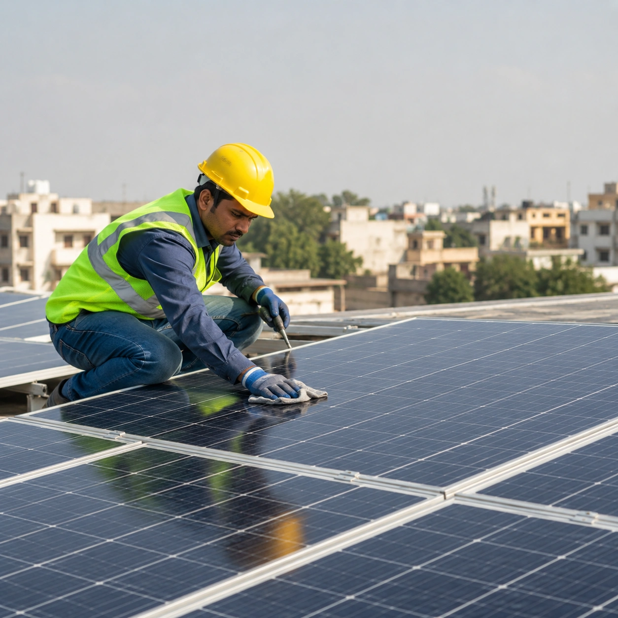 Technician maintaining solar panels on rooftop