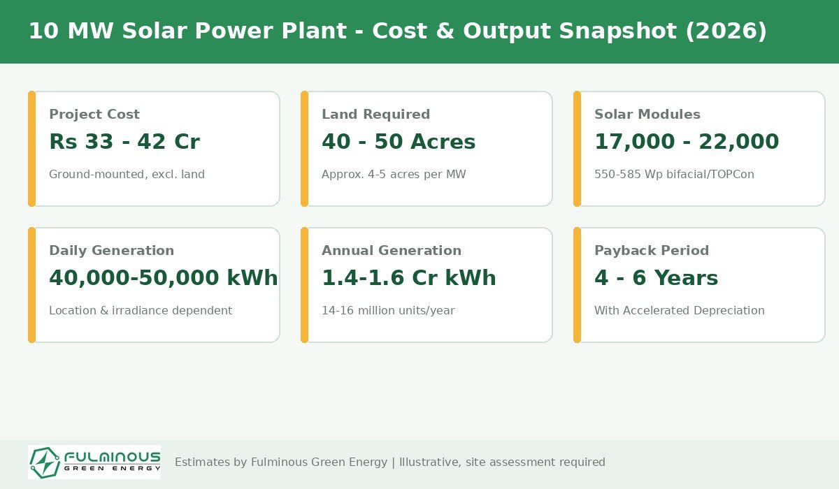 10 MW solar power plant cost, land and generation snapshot 2026