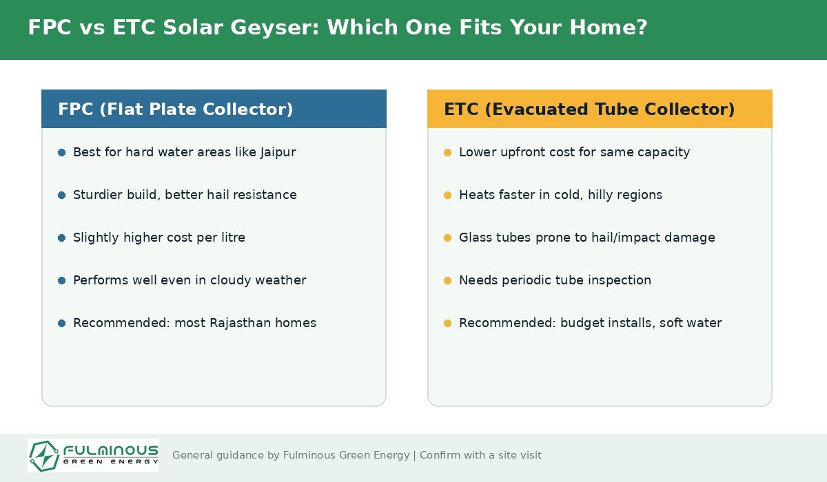 FPC vs ETC solar geyser system comparison for Jaipur homes
