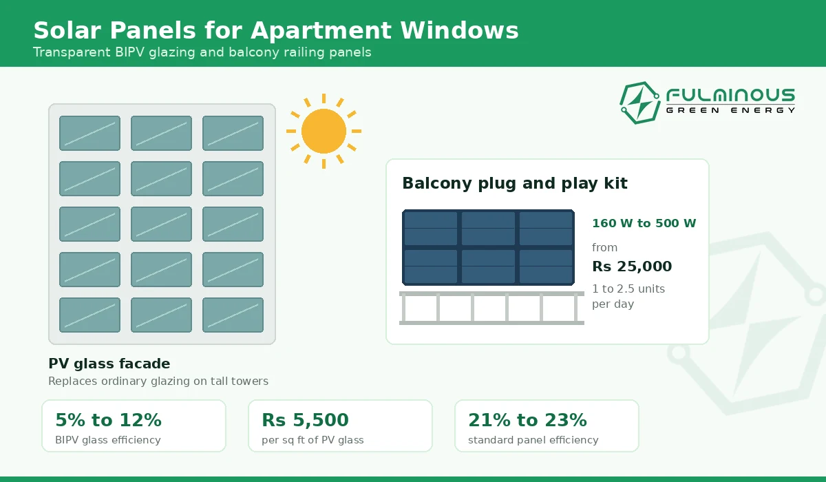 Solar panels for apartment windows and balcony railings using transparent BIPV glass on a residential tower