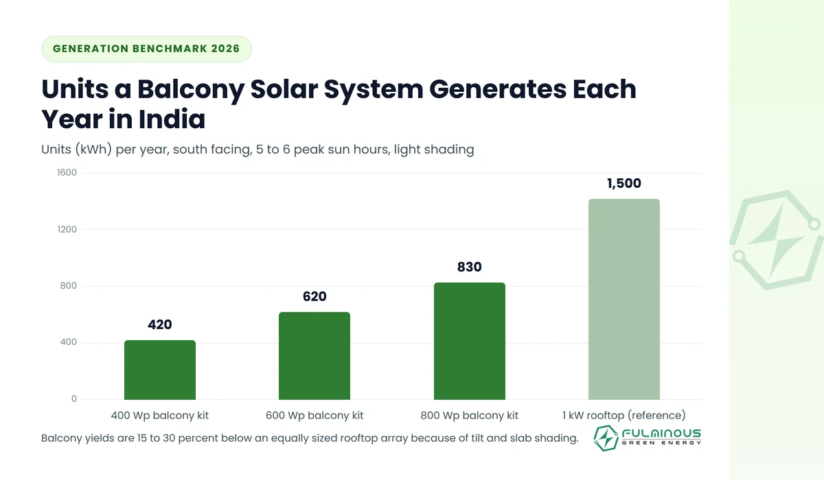 Chart of units generated per year by solar panels for apartment balconies compared with a 1 kW rooftop system in India