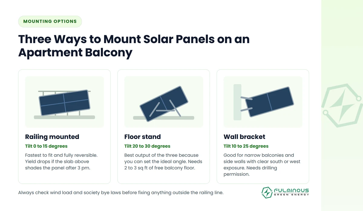 Three mounting options for solar panels for apartment balconies including railing, floor stand and wall bracket
